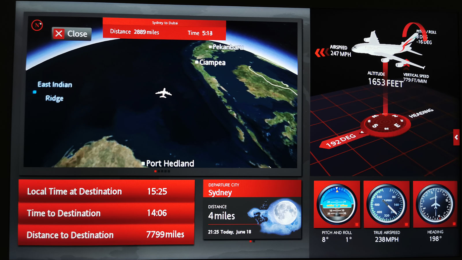 Flight plan in Emirates Airbus A380 Premium Economy