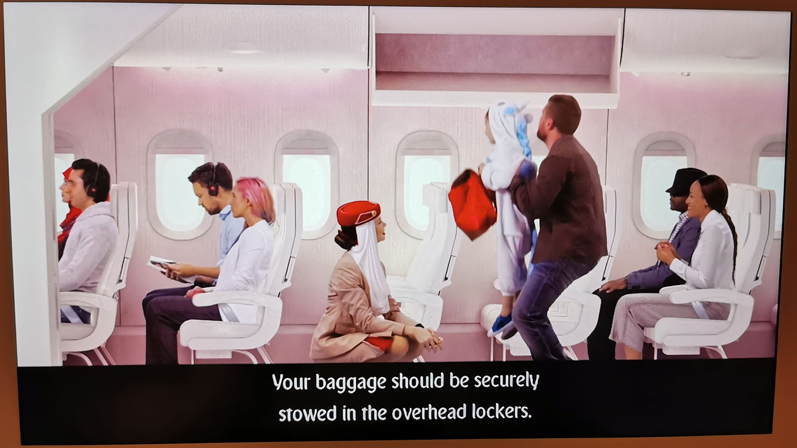 Safety demo in Emirates Airbus A380 Premium Economy