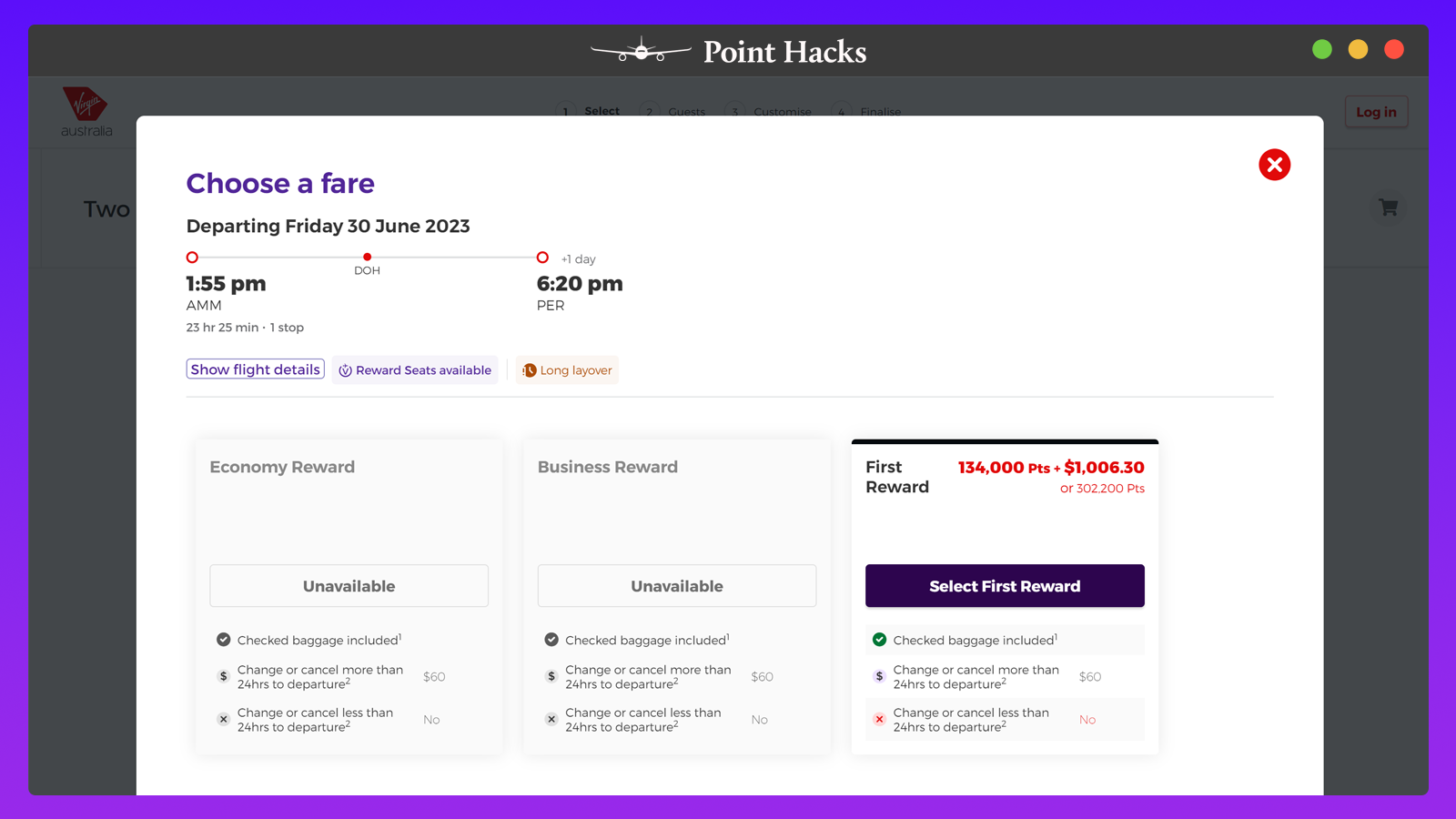 Two Qatar Airways First Class rewards from Amman to Perth with Velocity Points.