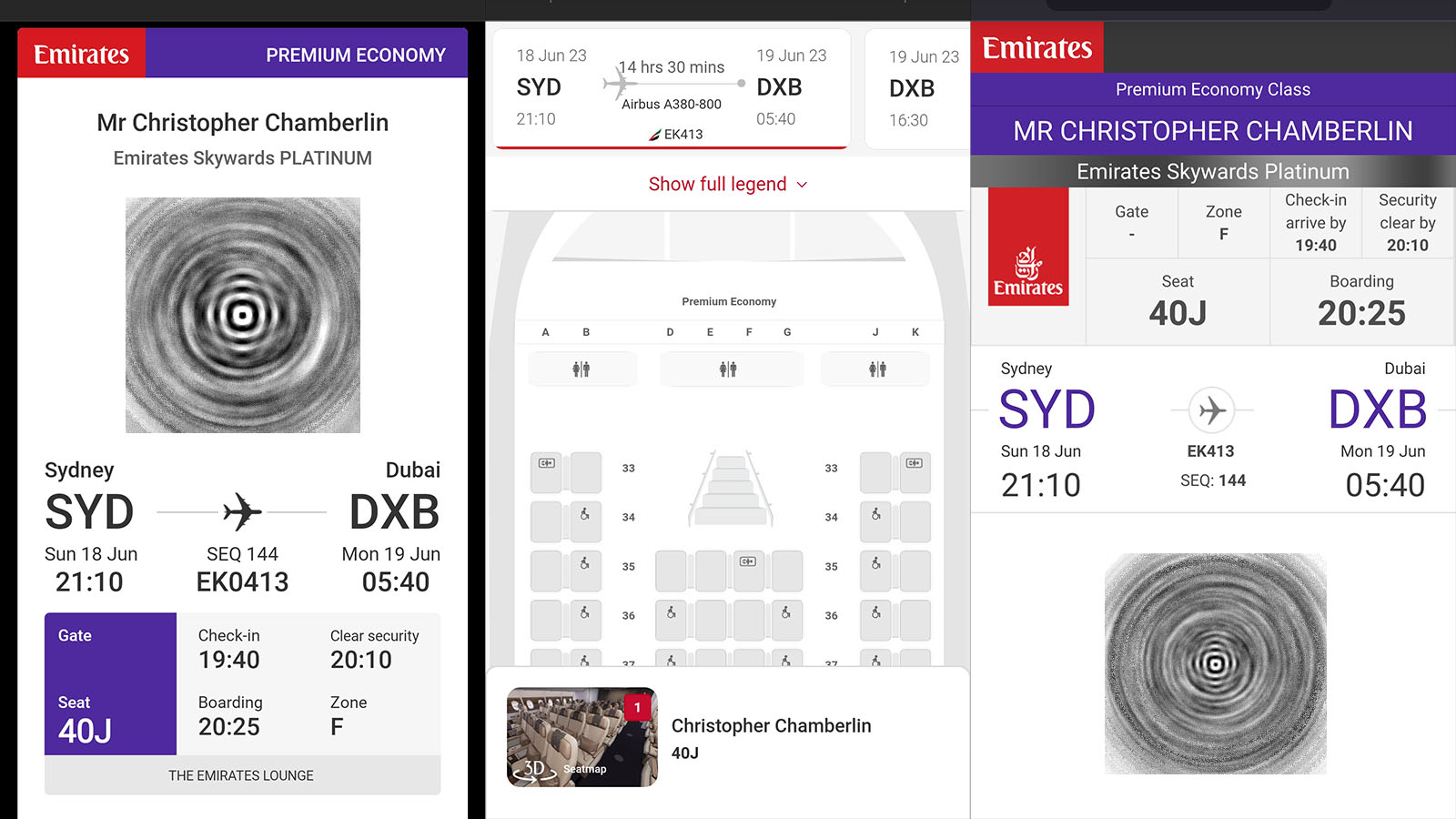 Boarding card for Emirates Airbus A380 Premium Economy