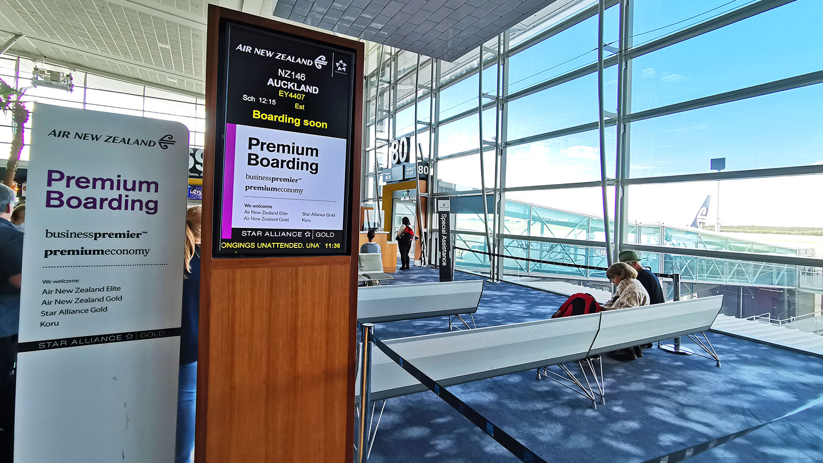 Gate for Air New Zealand's Boeing 777 flight from Brisbane