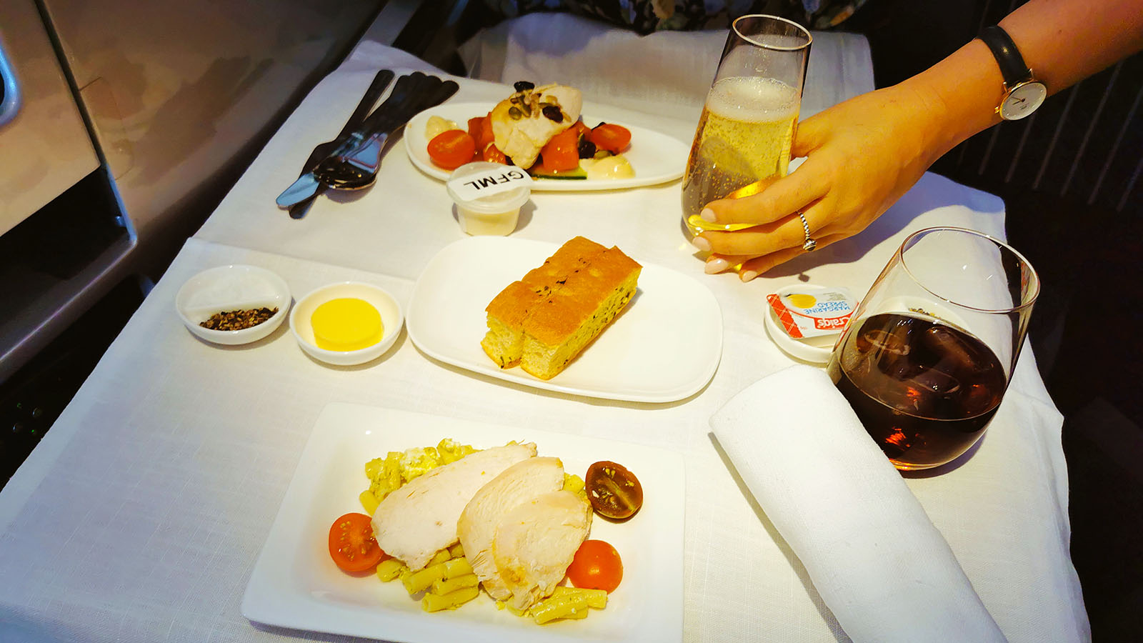 Chicken dish in Air New Zealand Boeing 777 Business Premier