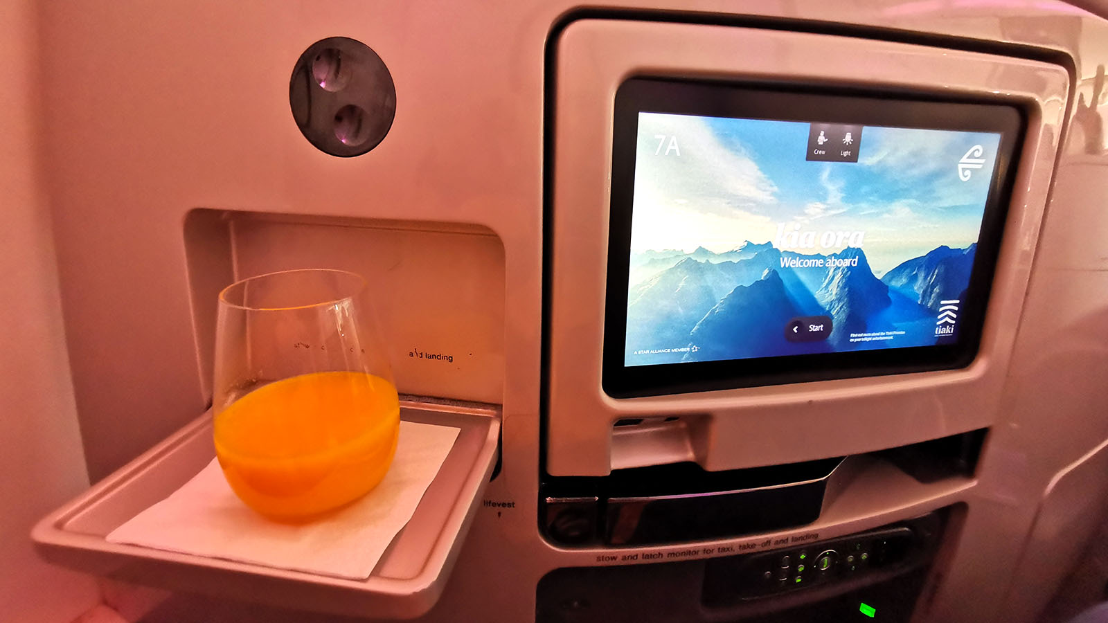 Orange juice in Air New Zealand Boeing 777 Business Premier