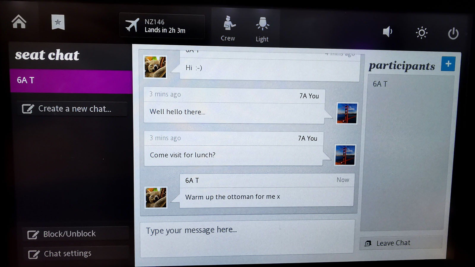 Text messaging in Air New Zealand Boeing 777 Business Premier