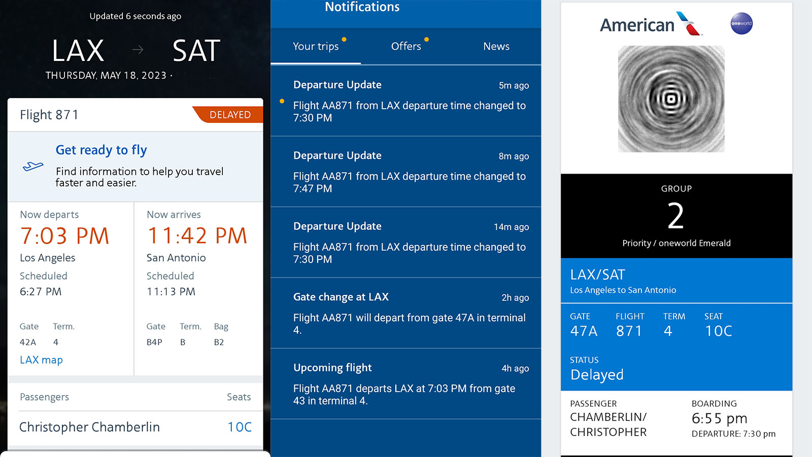 Departure updates flying American Airlines Boeing 737 Economy