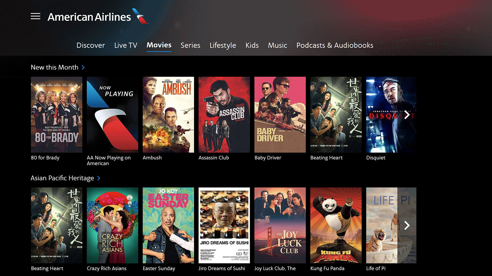 Movie choices in American Airlines Boeing 737 Economy