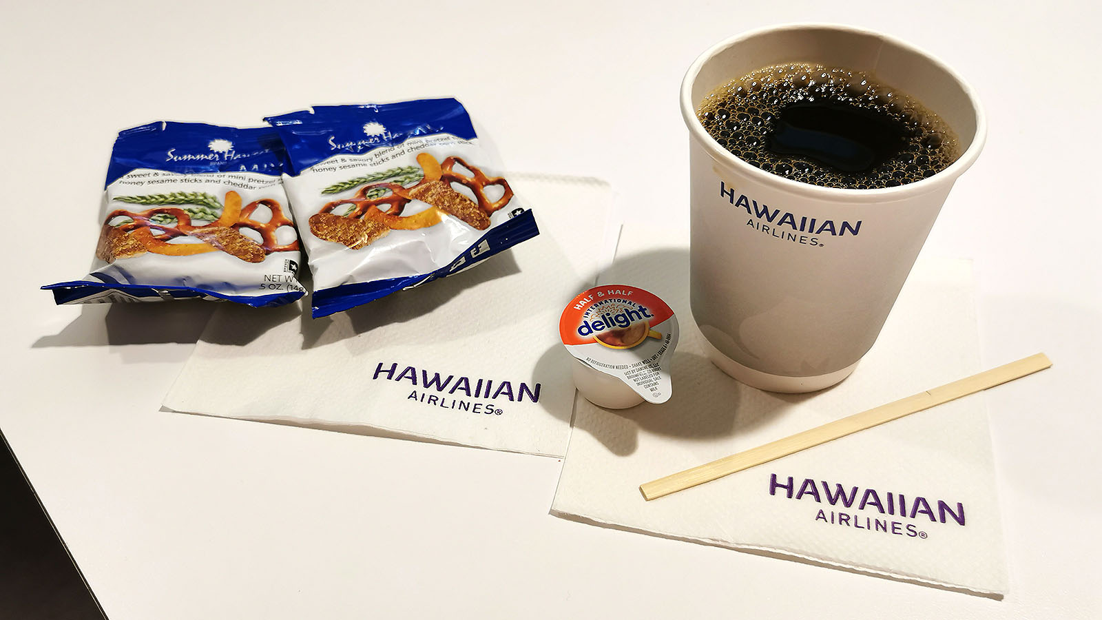 Coffee and pretzels in the Hawaiian Airlines Premier Club in Maui