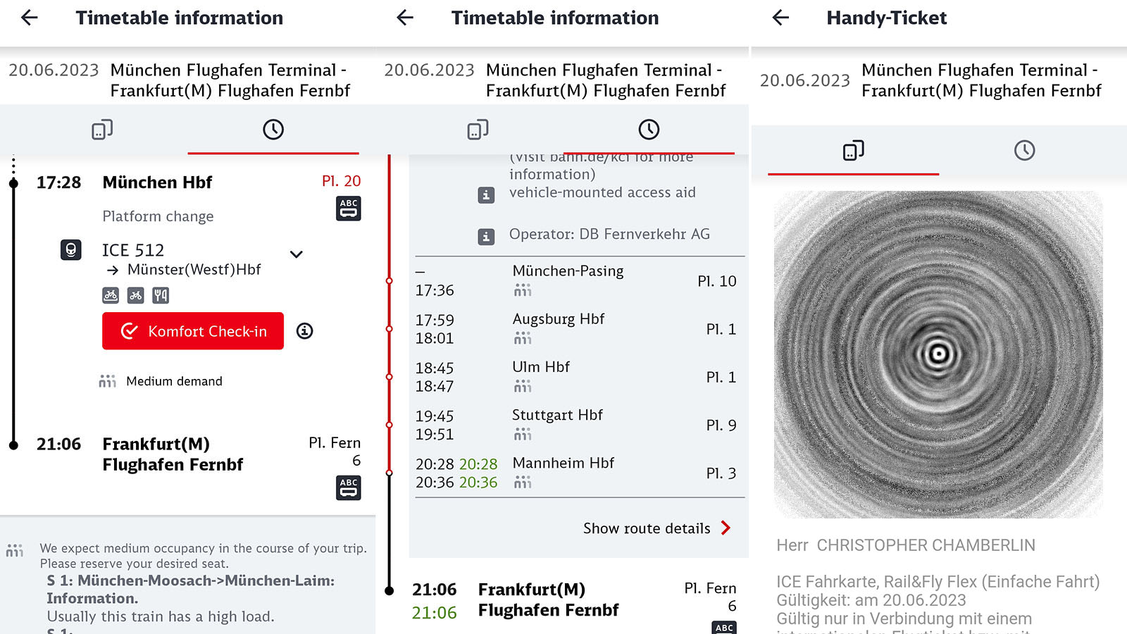 Train schedule and electronic ticket on a smartphone