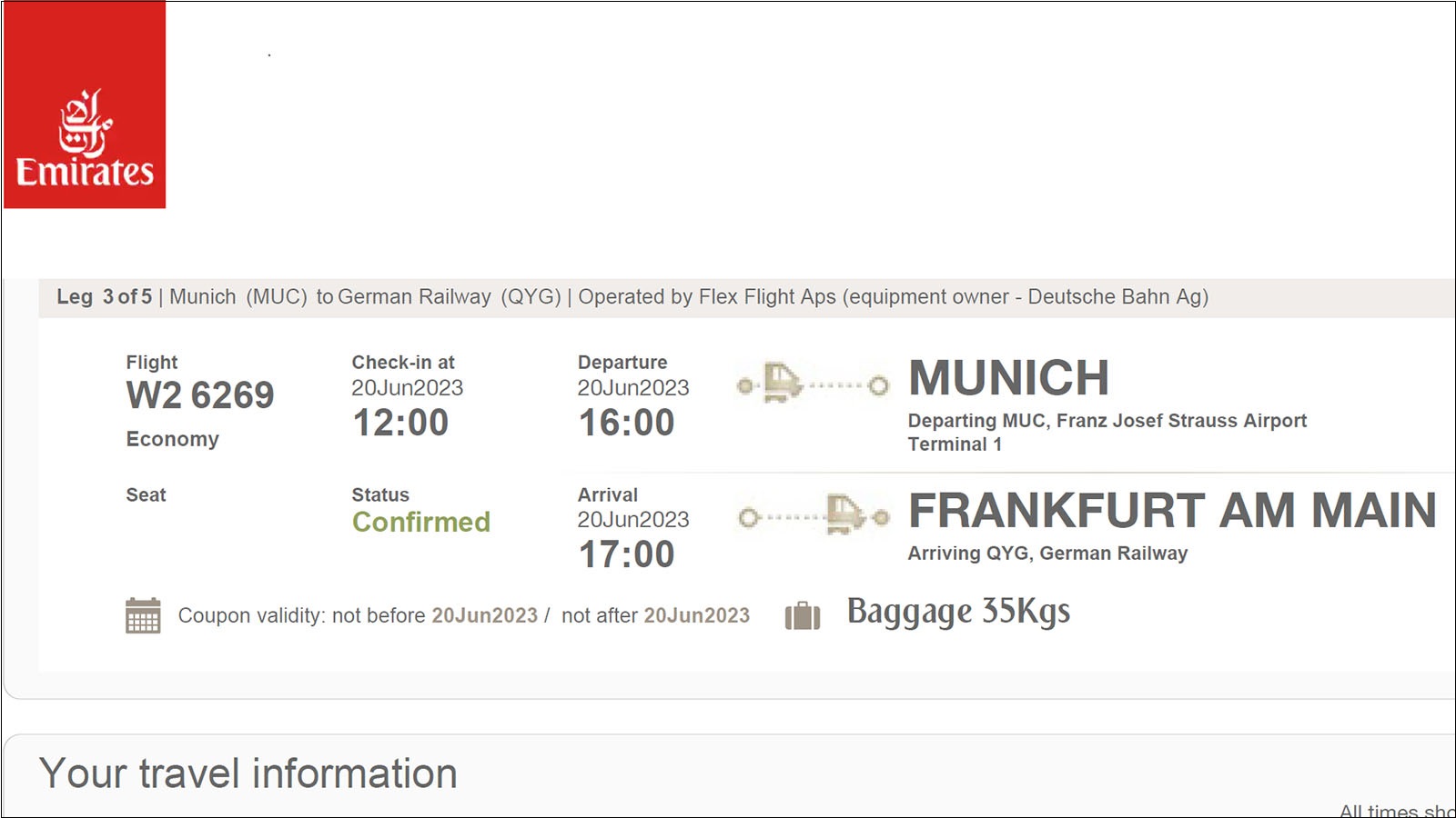 Deutsche Bahn rail segment on Emirates flight booking