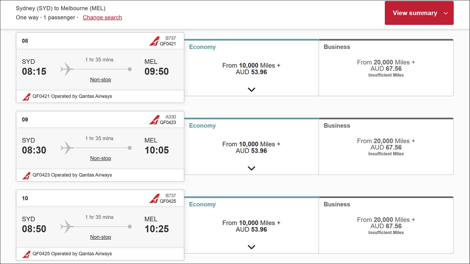 Booking page for Qantas flights using Emirates Skywards miles, including those earned via the airline's Mall