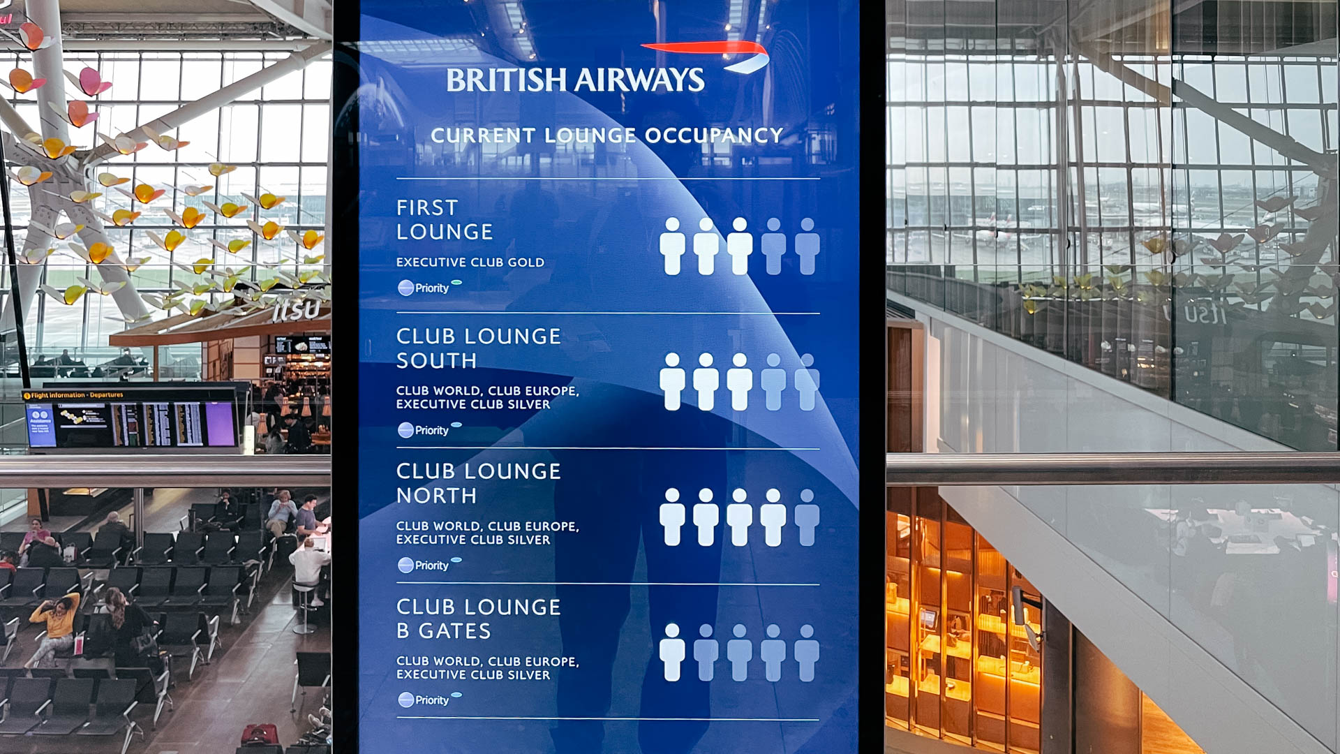 British Airways Galleries First Lounge capacity screen