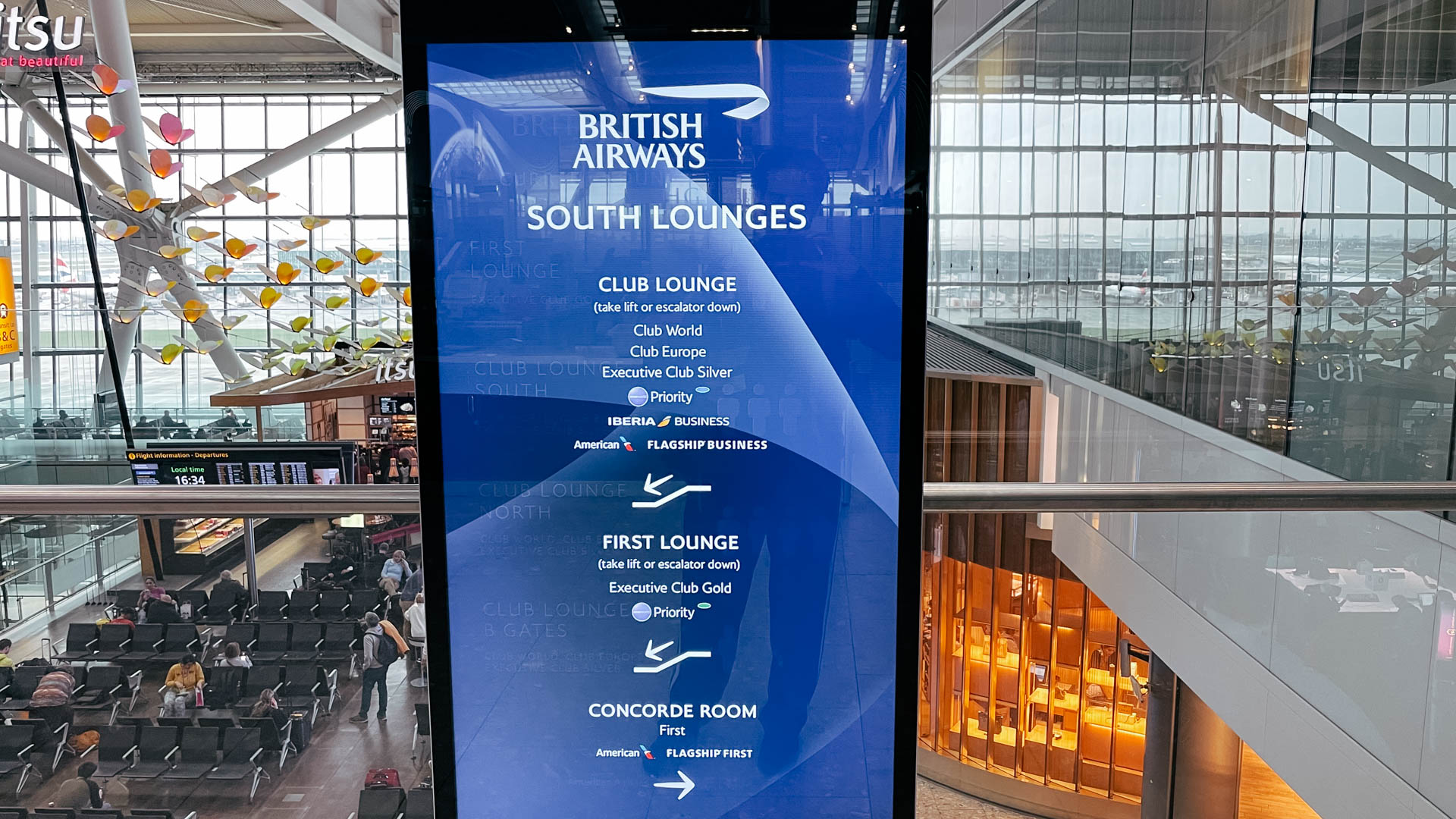 British Airways Galleries First Lounge info screen