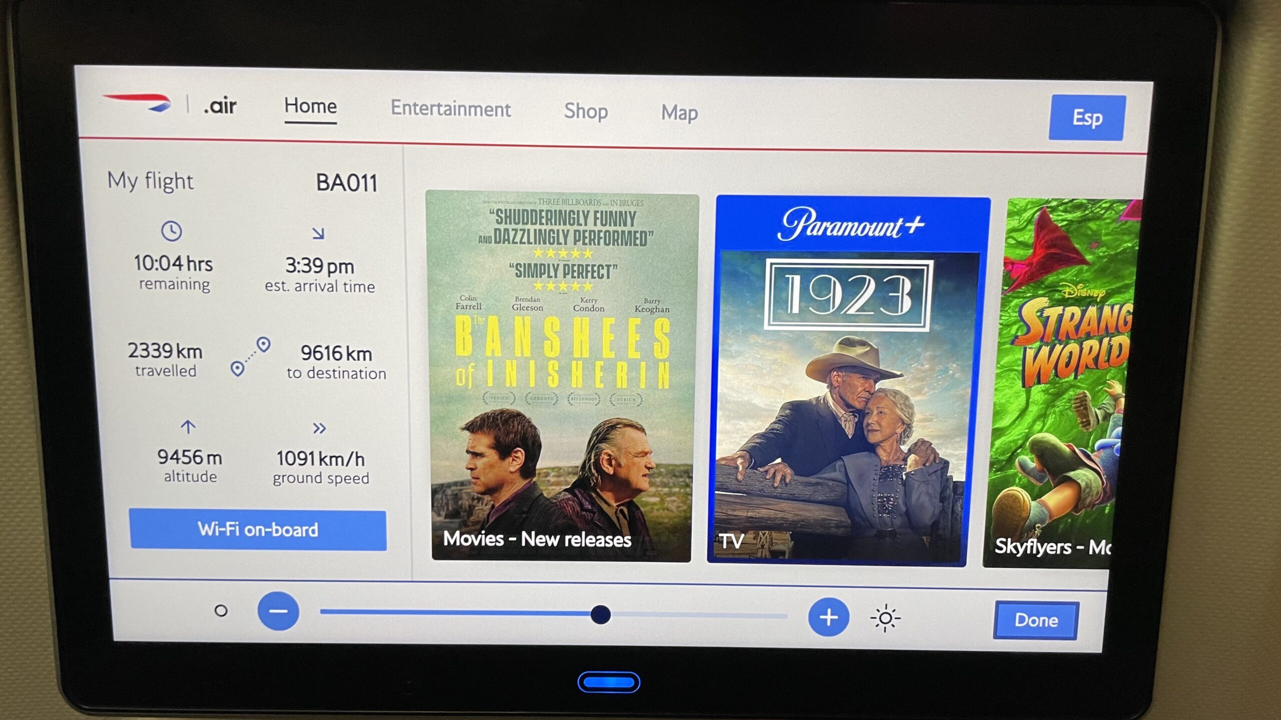 British Airways Premium Economy Entertainment Screen Dashboard