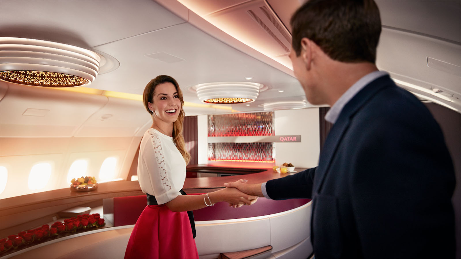 Social space open to Qatar Airways First Class passengers on the Airbus A380