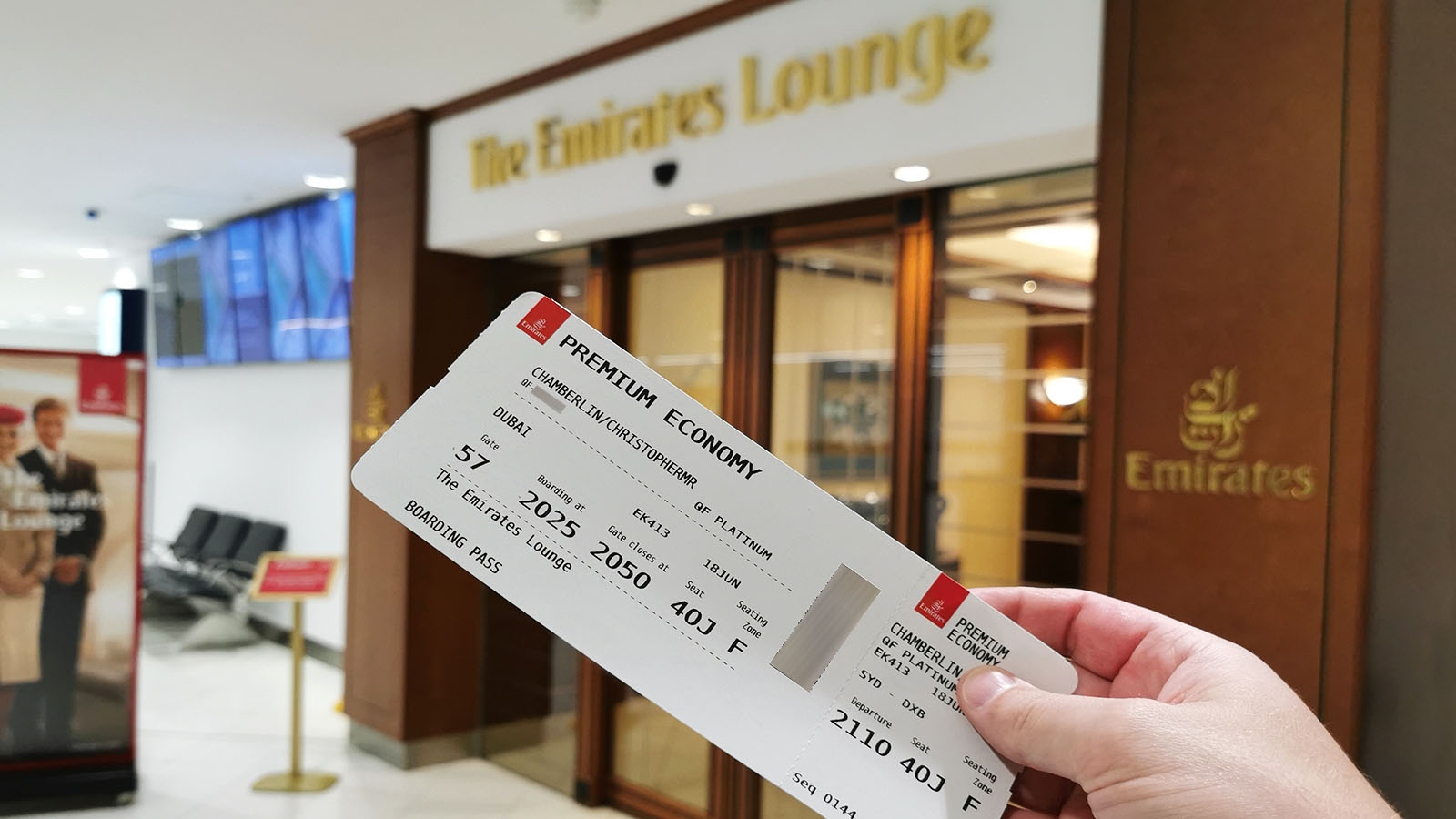 Boarding pass for Emirates, outside the airline's lounge in Sydney