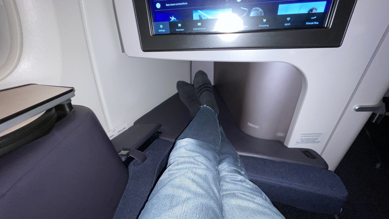 Finnair A350 Business Class Seat Legs Stretched in Footwell