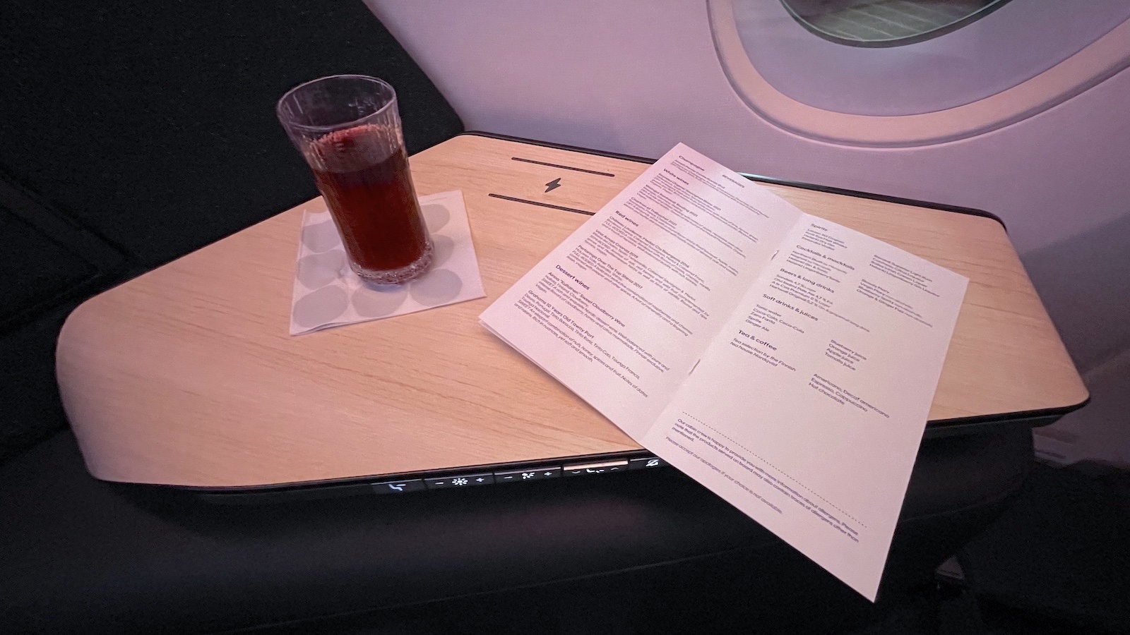 Finnair A350 Business Class Signature Blueberry Juice and Menu.