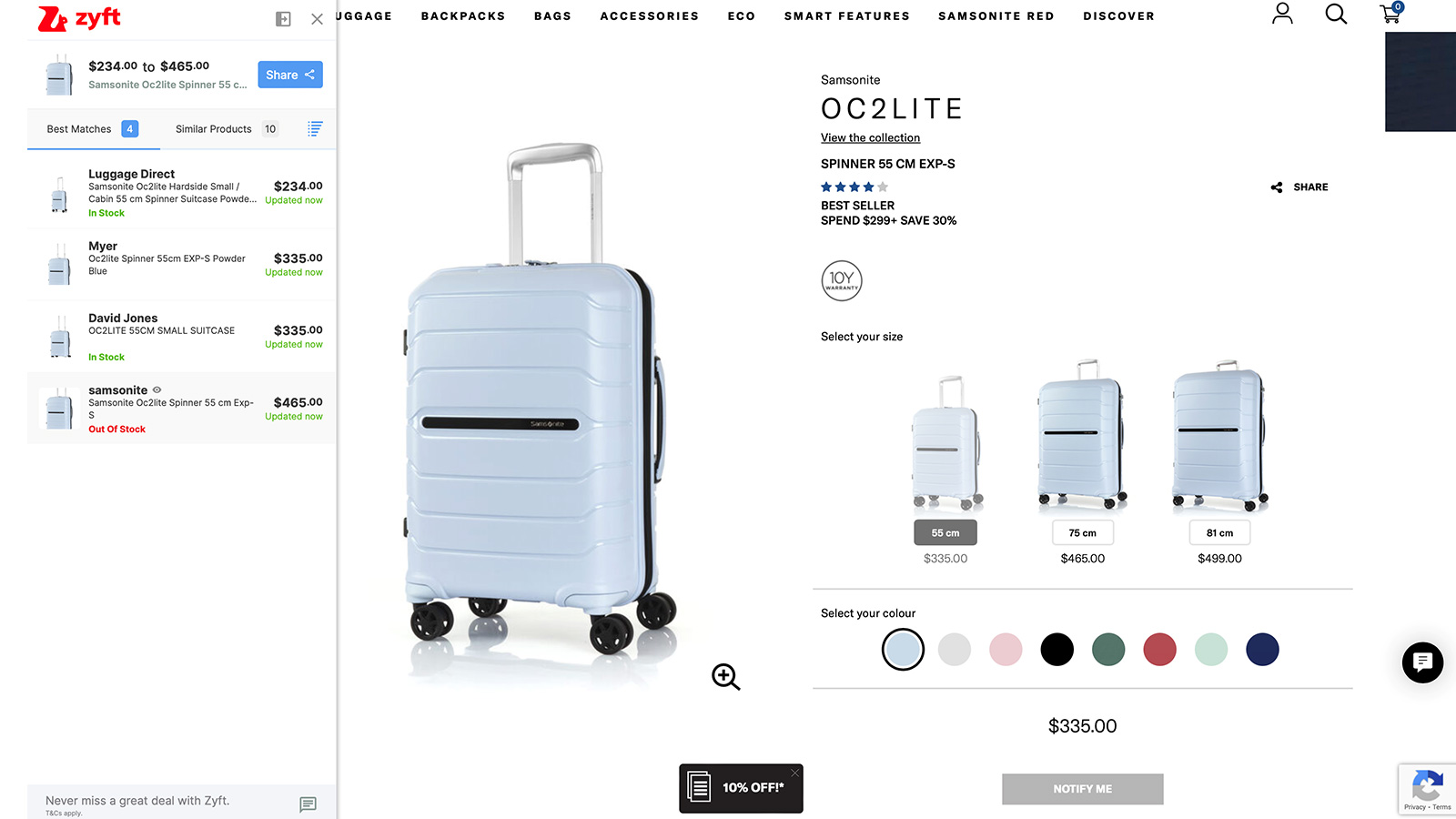 Screenshot of Samsonite luggage from Zyft