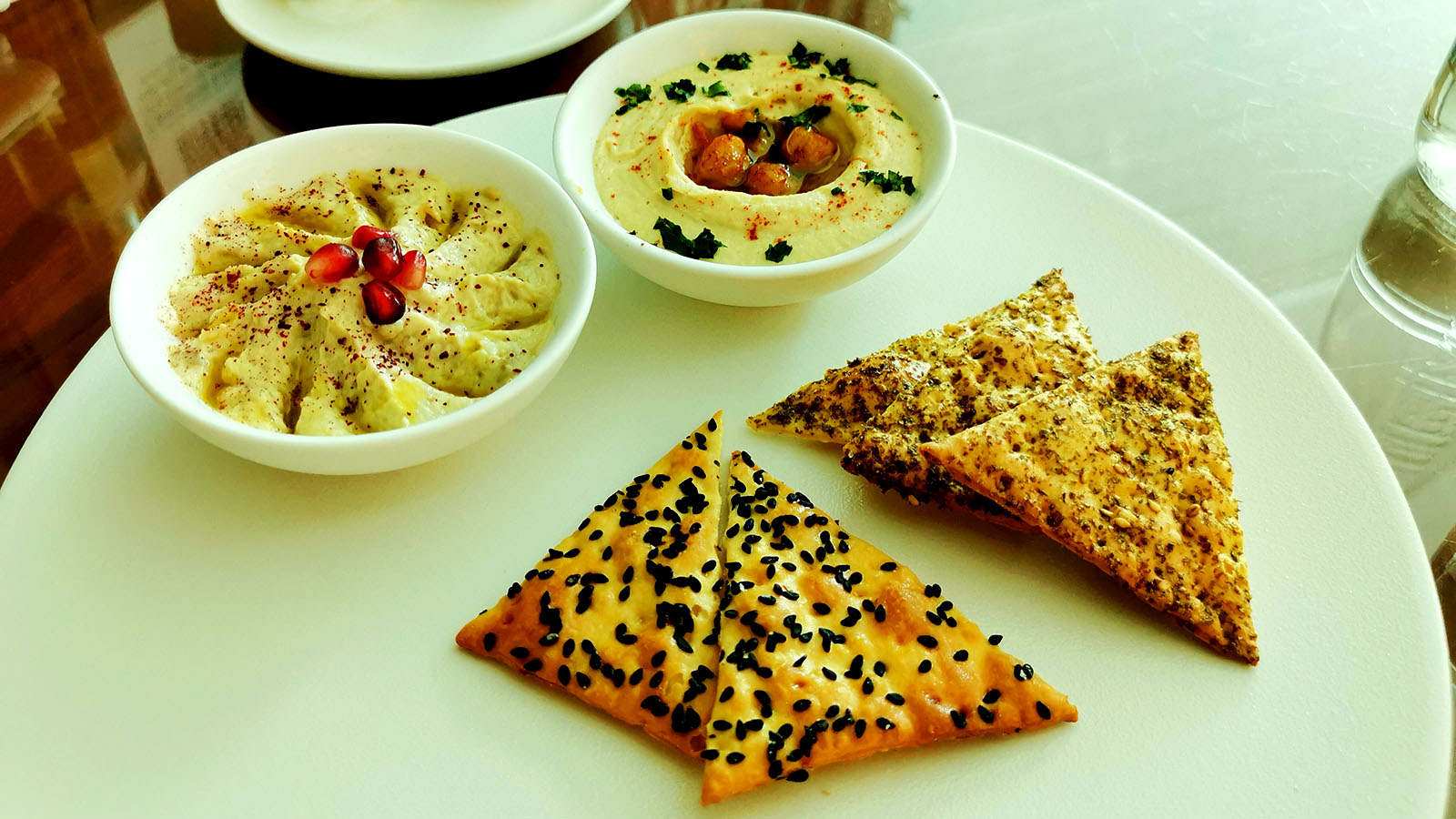 Lavosh and hummus in the Emirates First Class Lounge in Dubai Concourse A