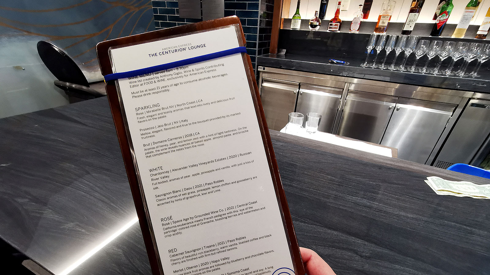 Drinks menu in the Amex Centurion Lounge in San Francisco
