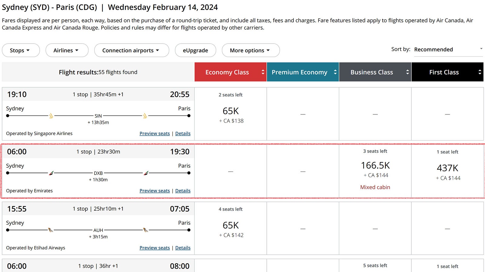 Screenshot of an Emirates reward seat booking being made via Aeroplan.