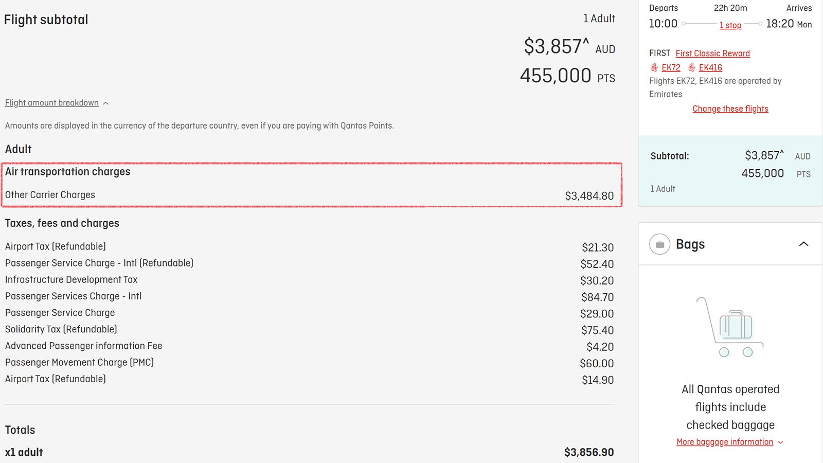 Screenshot of Emirates' carrier charges on reward seats as available via Qantas Frequent Flyer.