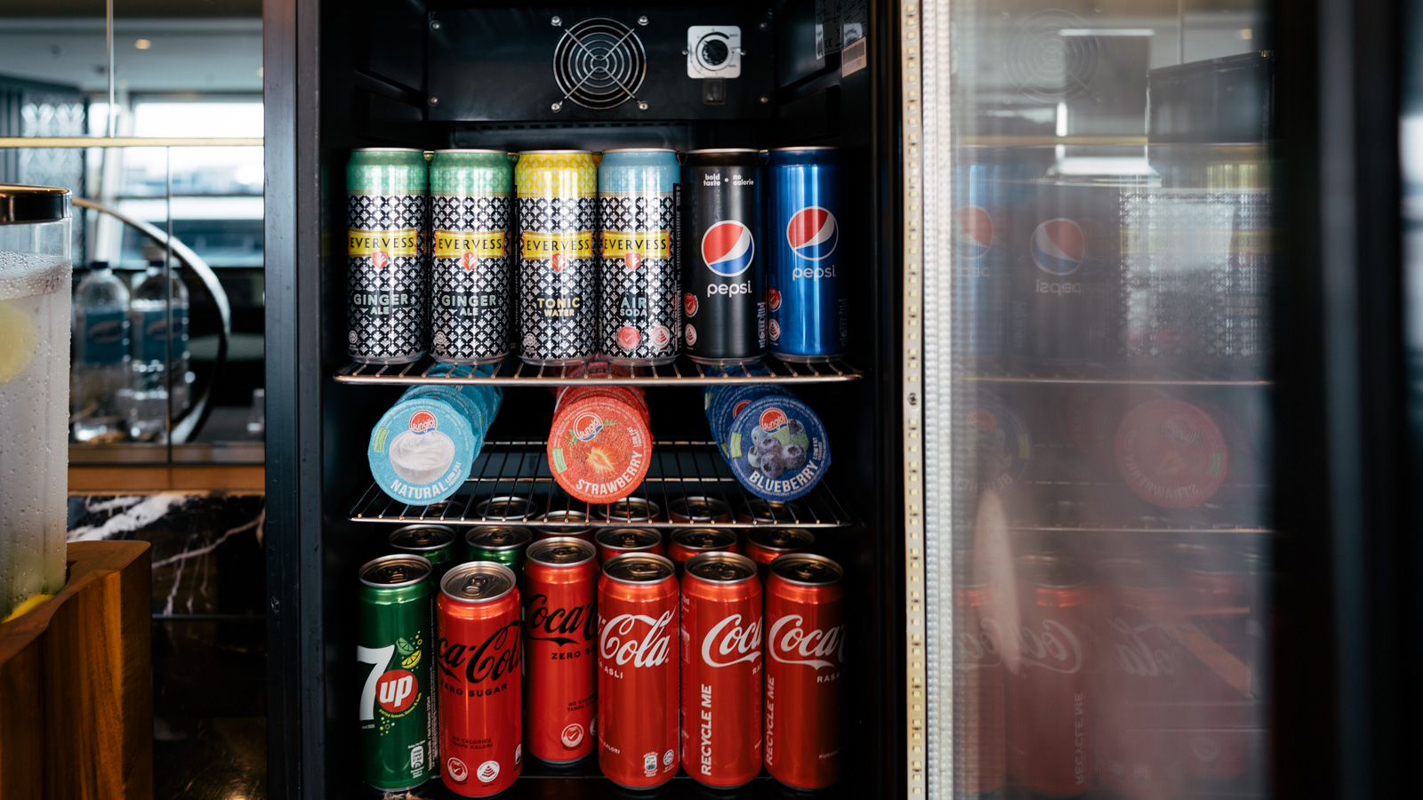 Malaysia Airlines Platinum Lounge soft drinks.