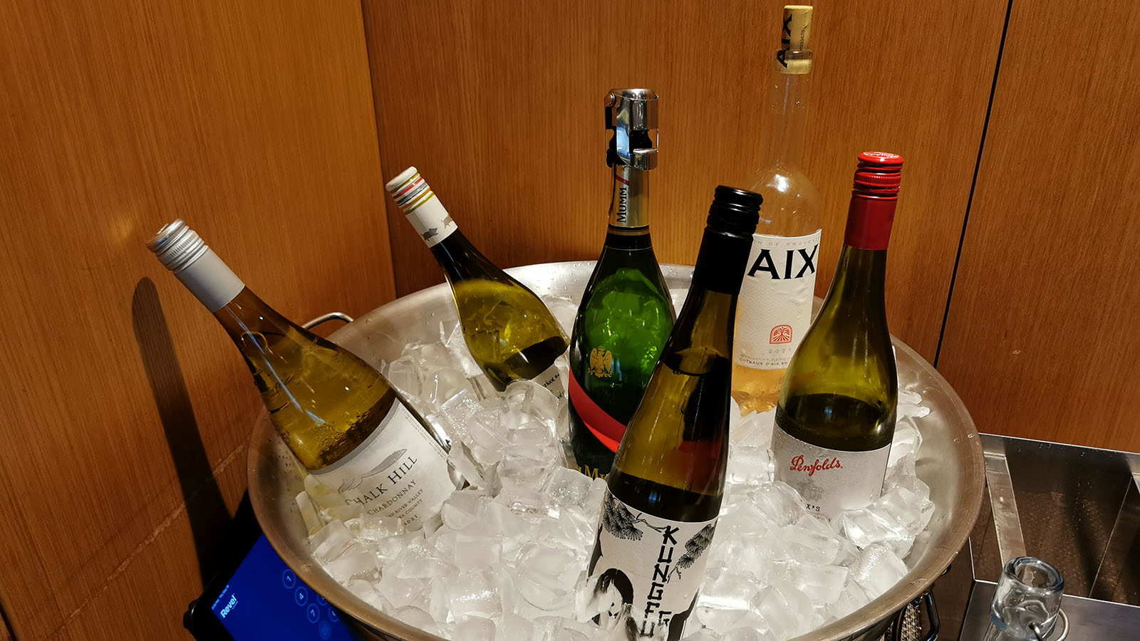 Bottles in the Qantas Los Angeles International First Lounge