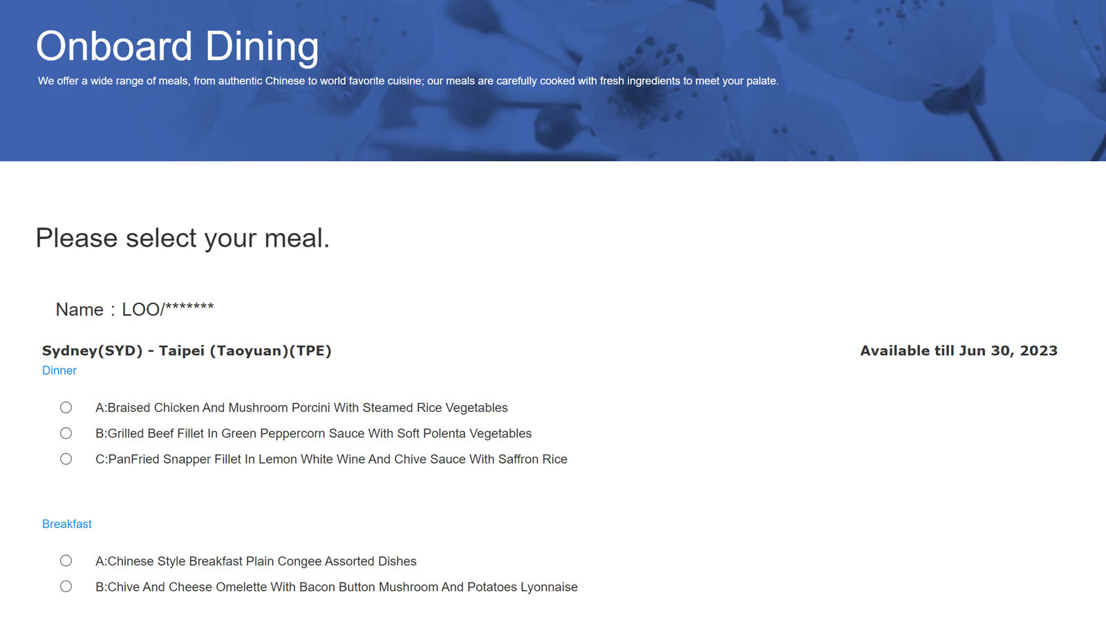 China Airlines A350 Business pre-order meals