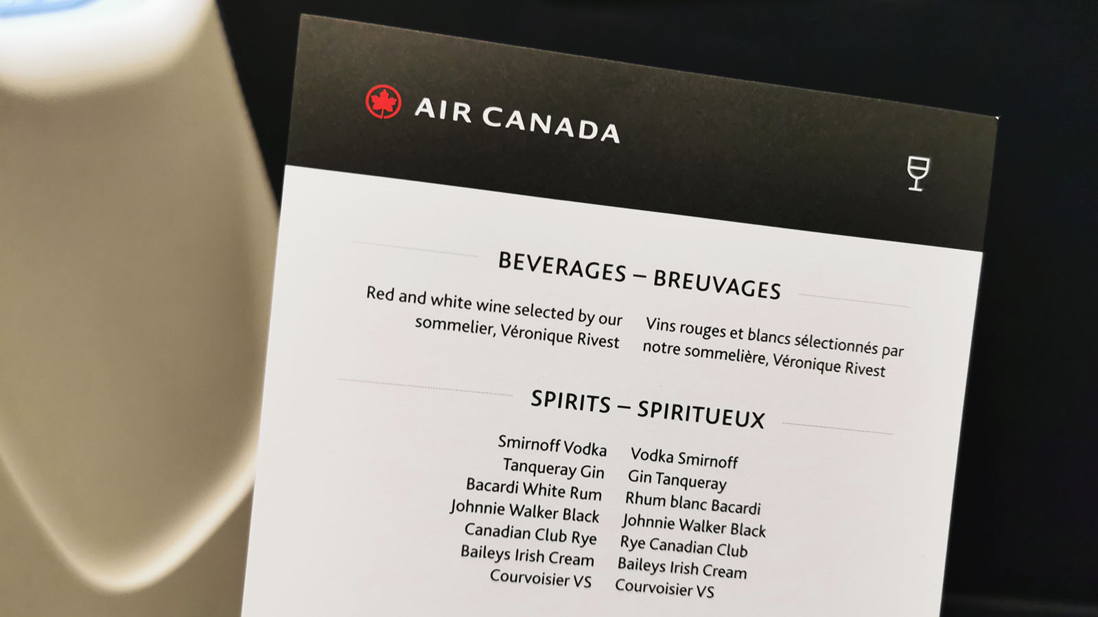 Beverage options in Air Canada Bombardier CRJ900 Business Class
