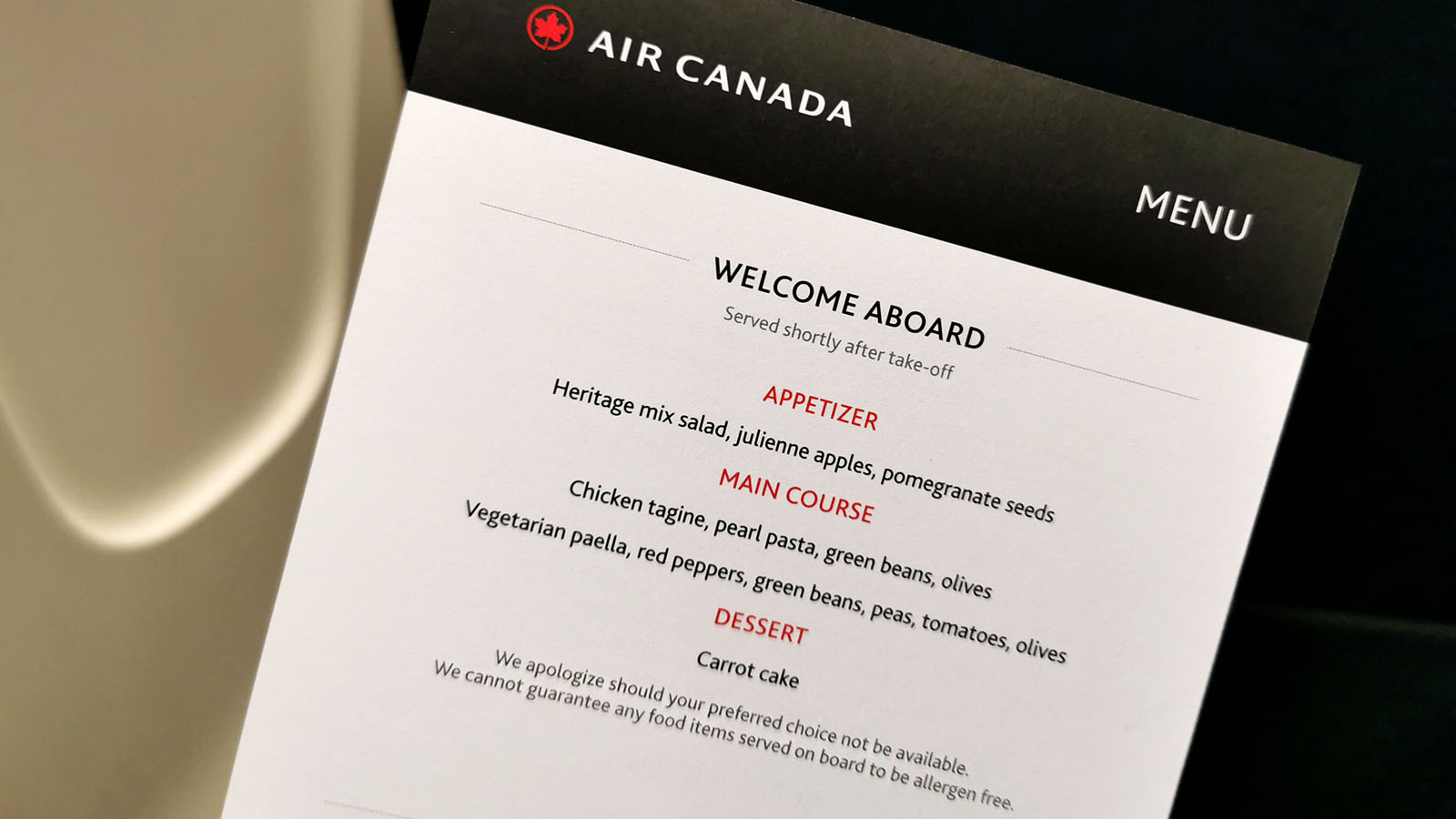 Food list in Air Canada Bombardier CRJ900 Business Class