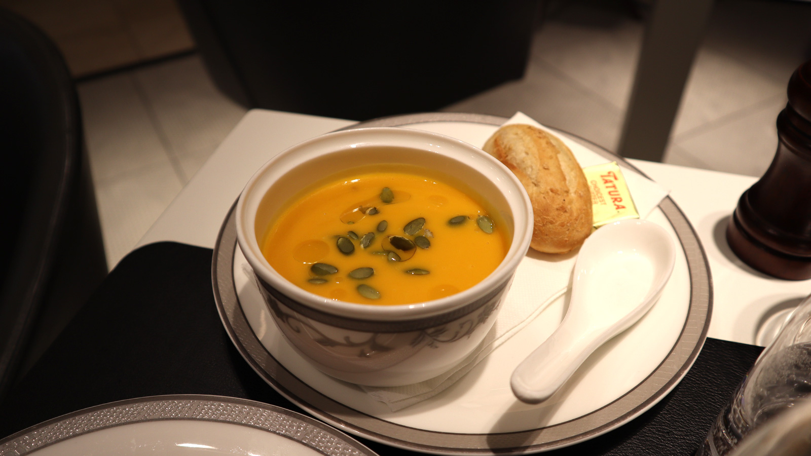 Roasted pumpkin soup in the Singapore Airlines SilverKris First Class Lounge, Melbourne