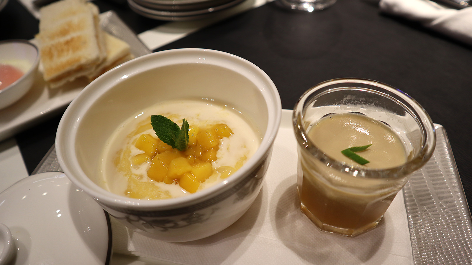 Mango sago dessert in the Singapore Airlines SilverKris First Class Lounge, Melbourne