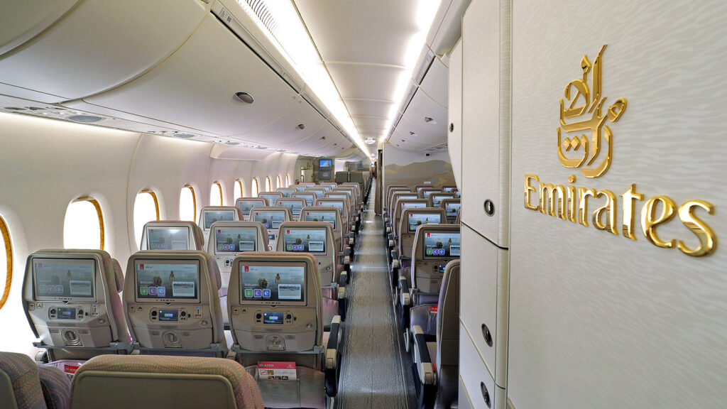 Emirates Airbus A380 Economy Class cabin and logo