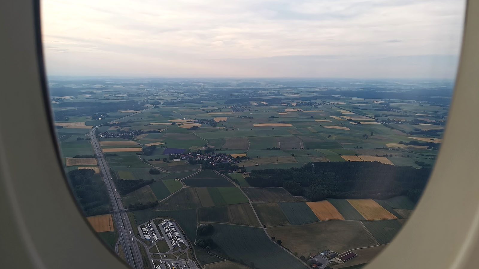 Munich out the window in Emirates Airbus A380 Economy