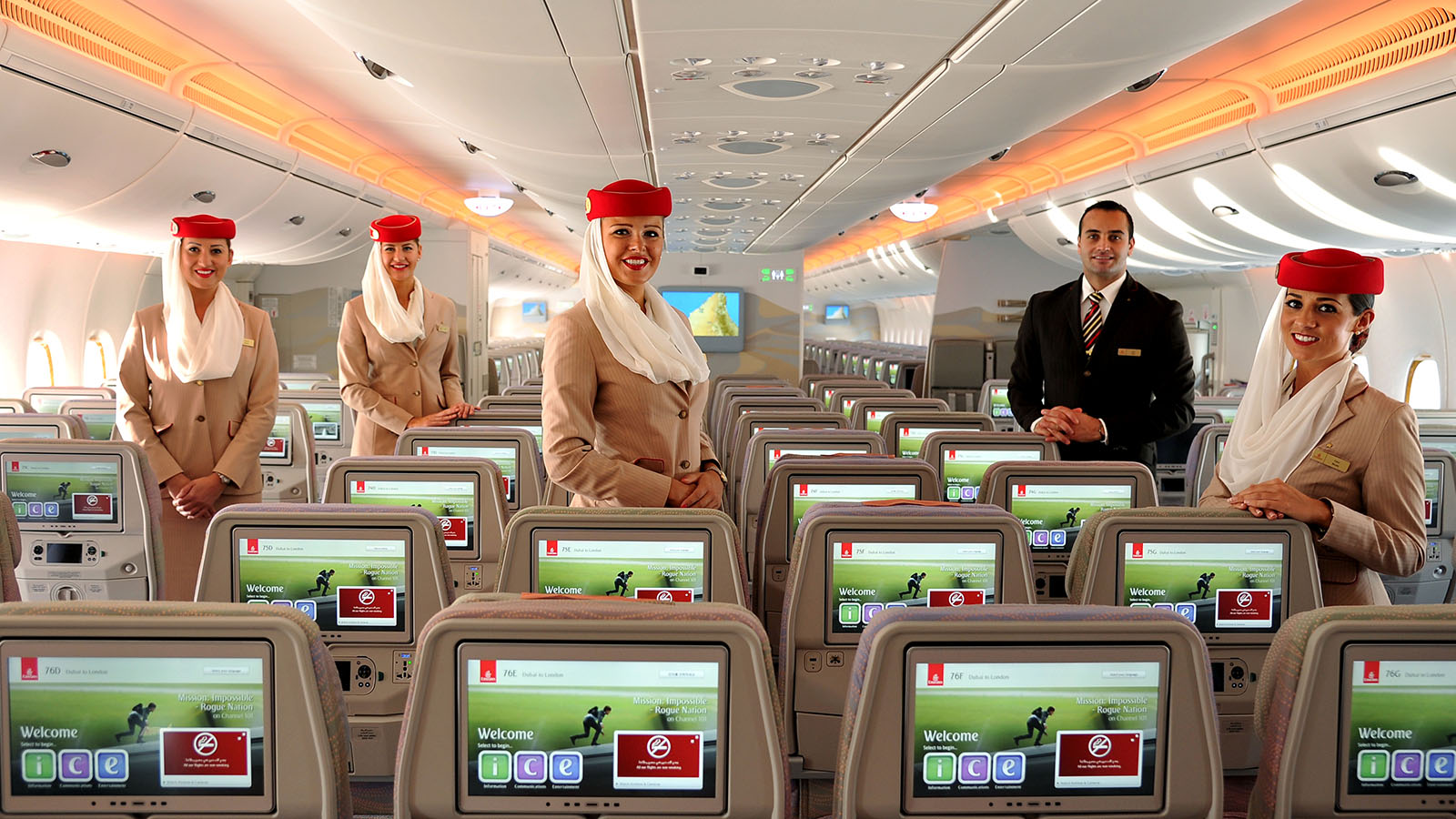 Plane cabin in Emirates Airbus A380 Economy