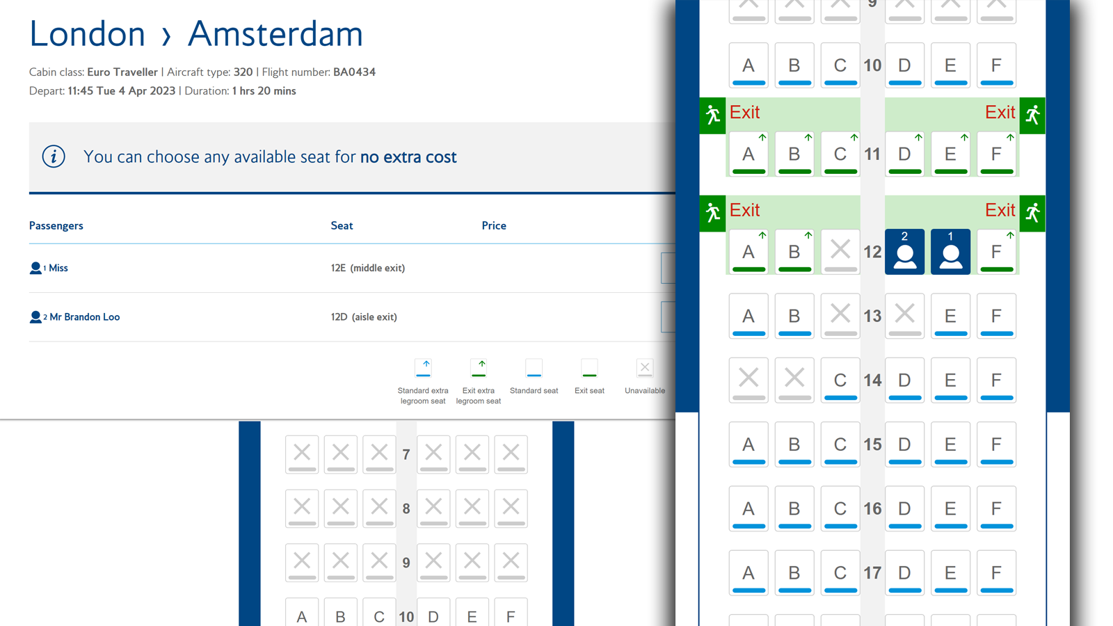 British Airways A320neo Economy seating map