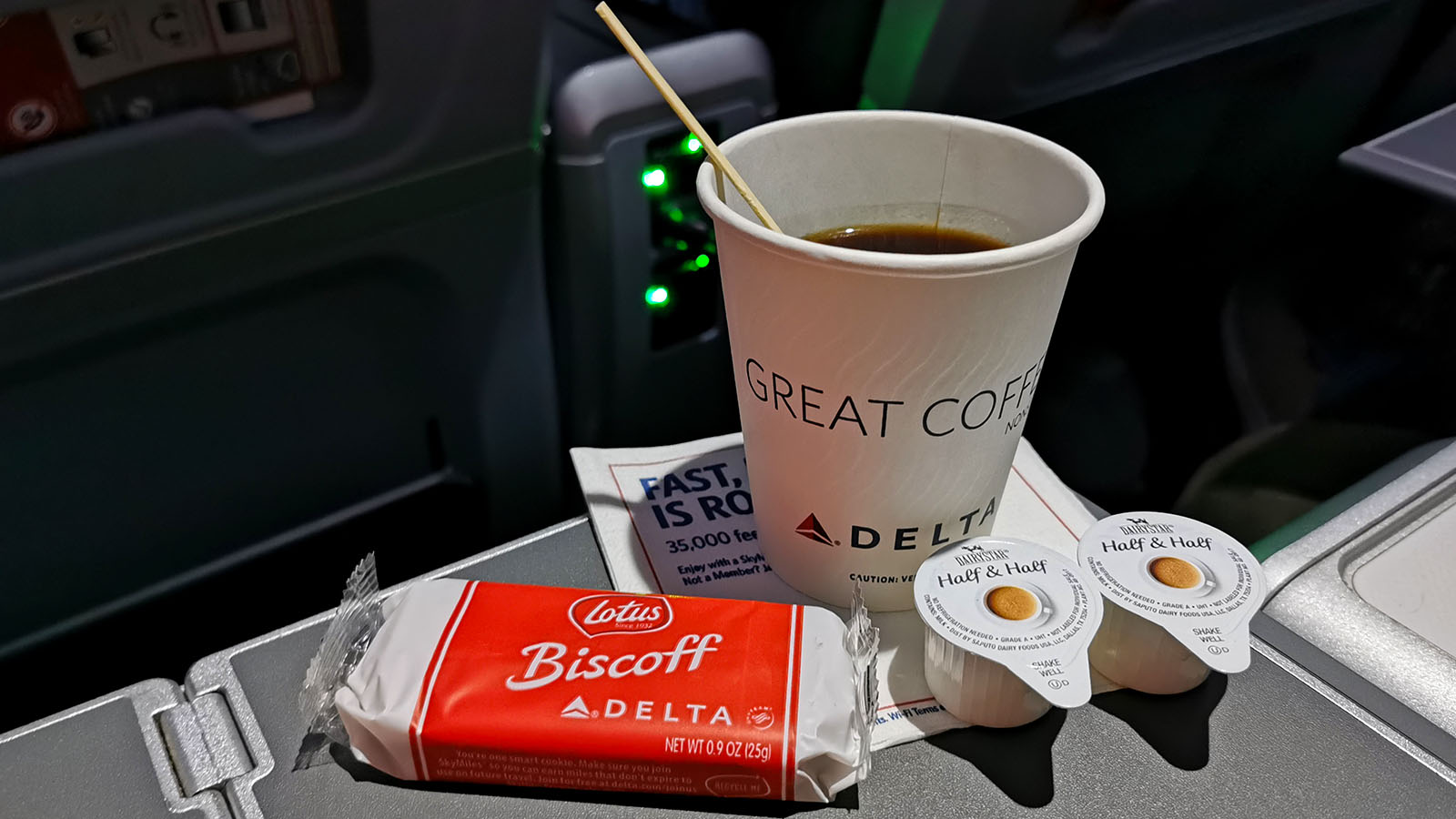 Brewed java and snacks in Delta A330-900neo Comfort+