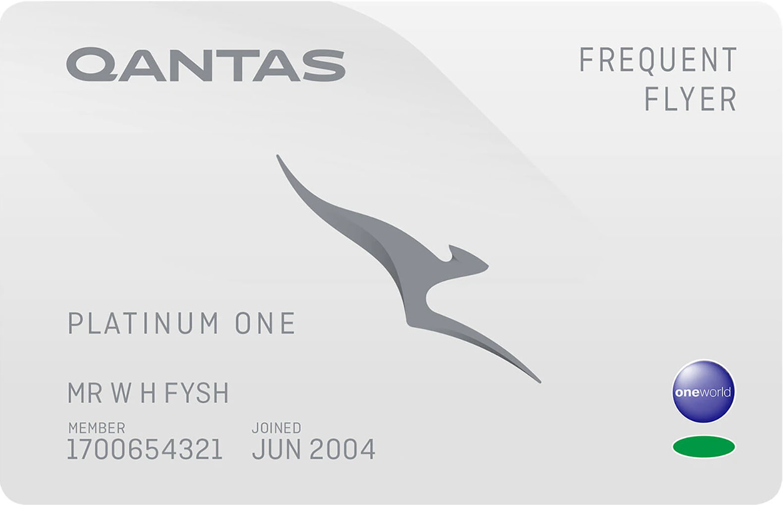 Qantas Platinum One frequent flyer membership card
