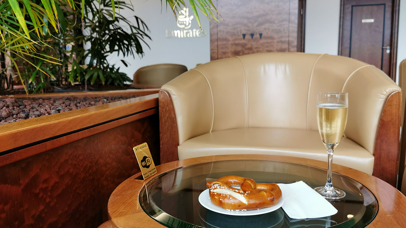 Pretzel and Champagne inside The Emirates Lounge at Frankfurt Airport
