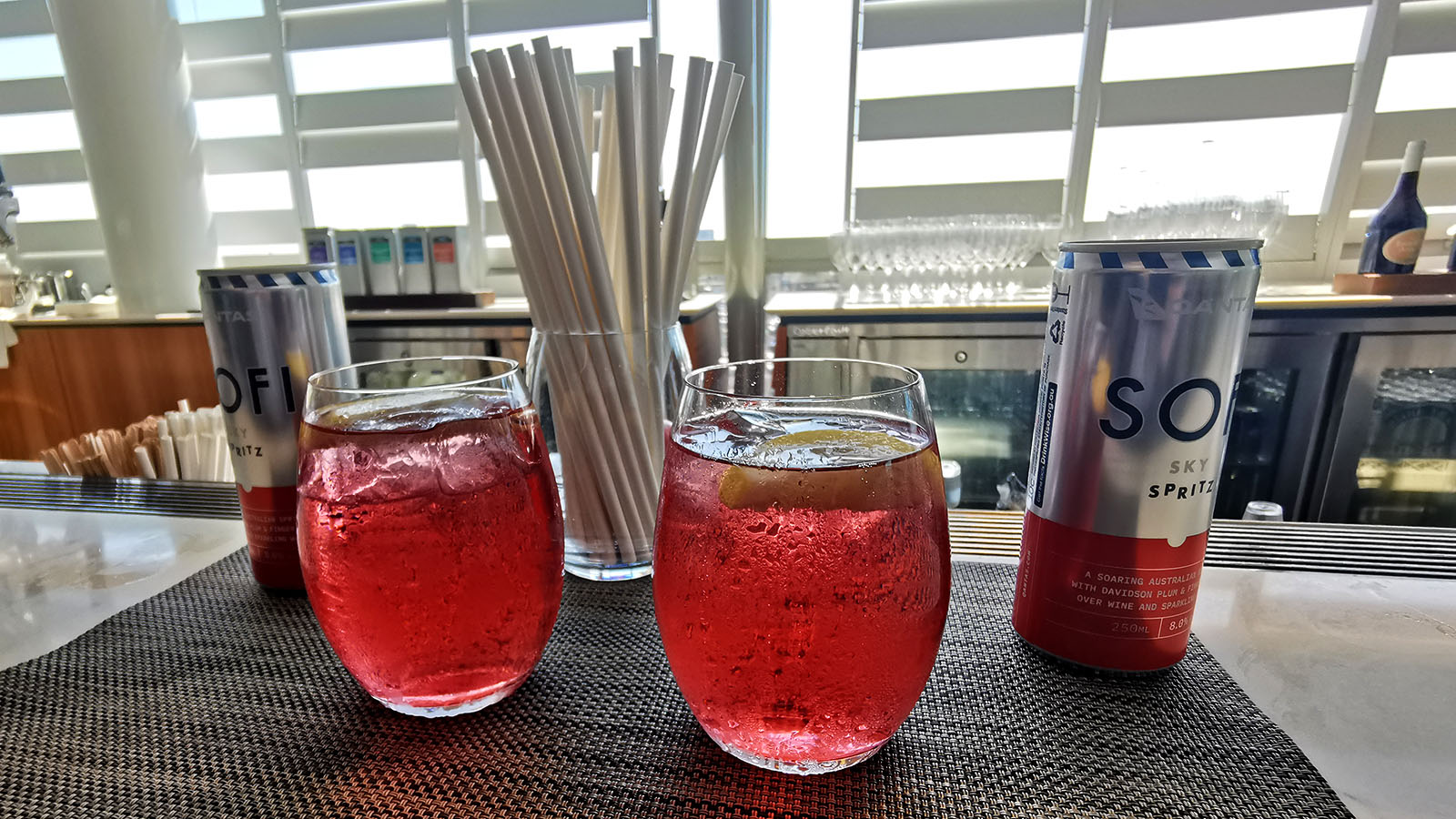 Cocktails in the Qantas International Lounge, Brisbane
