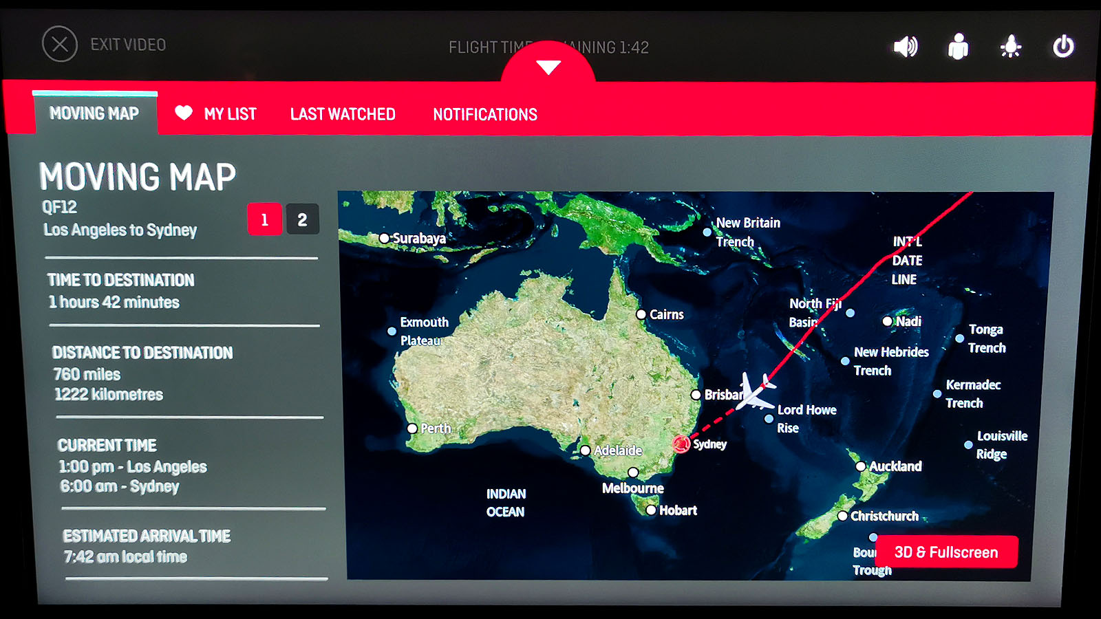 Live aircraft location in Qantas Airbus A380 First