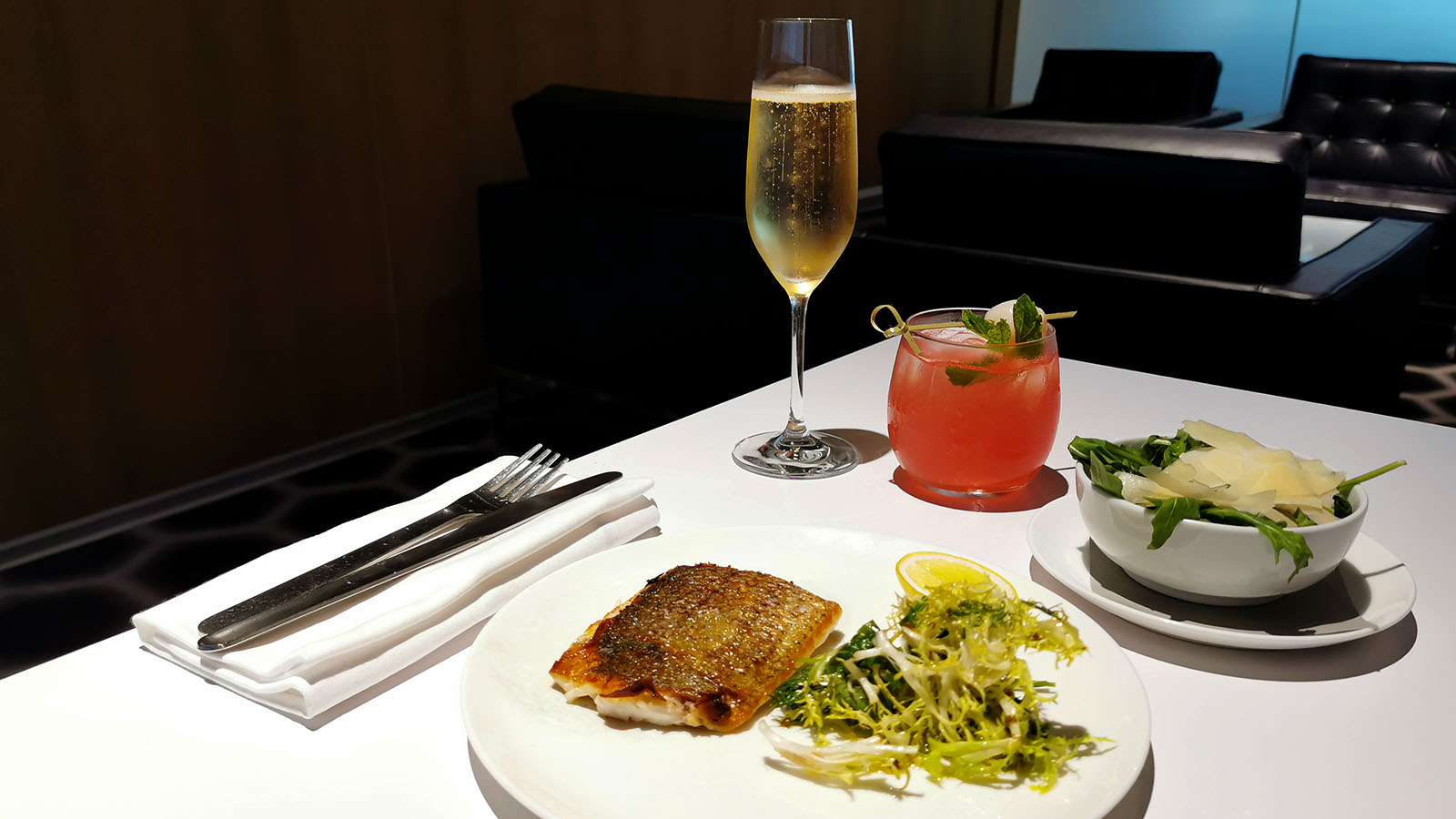 Bass main course in the Qantas First Lounge