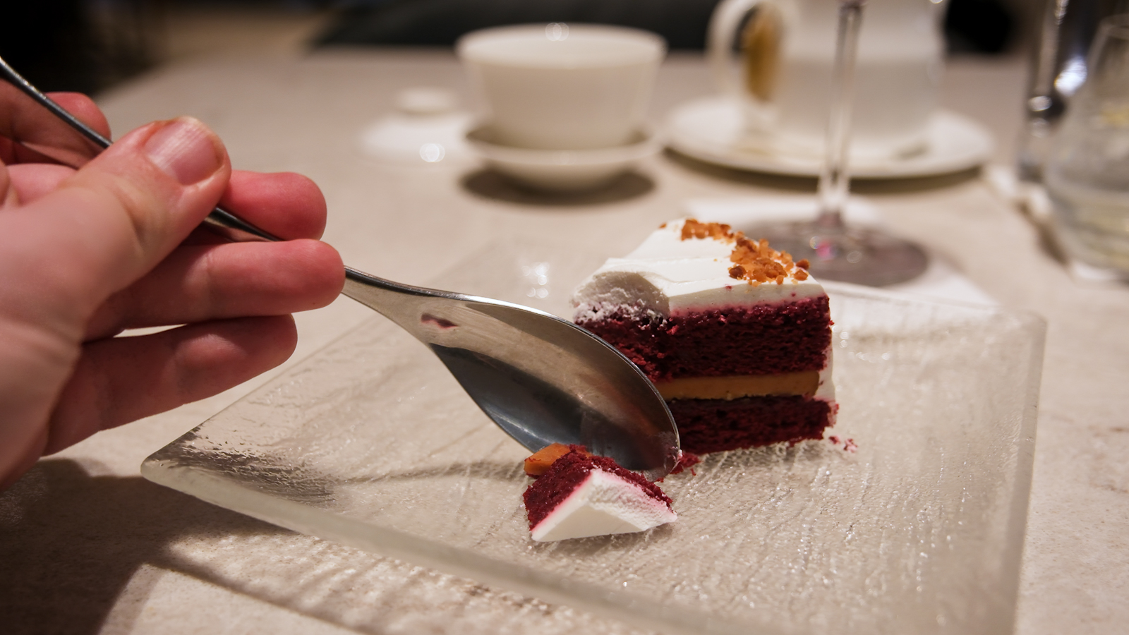 Peanut butter red velvet cake dessert in The Private Room