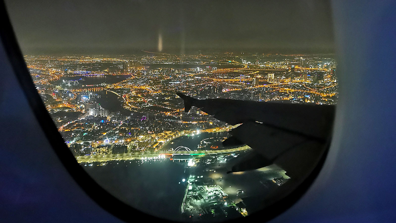 Dubai at night, seen from Emirates Airbus A380 Business Class