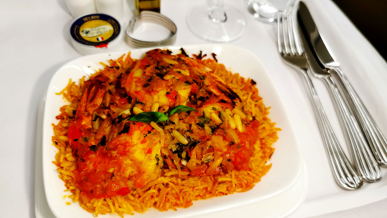 Prawns and rice in Emirates Airbus A380 Business Class