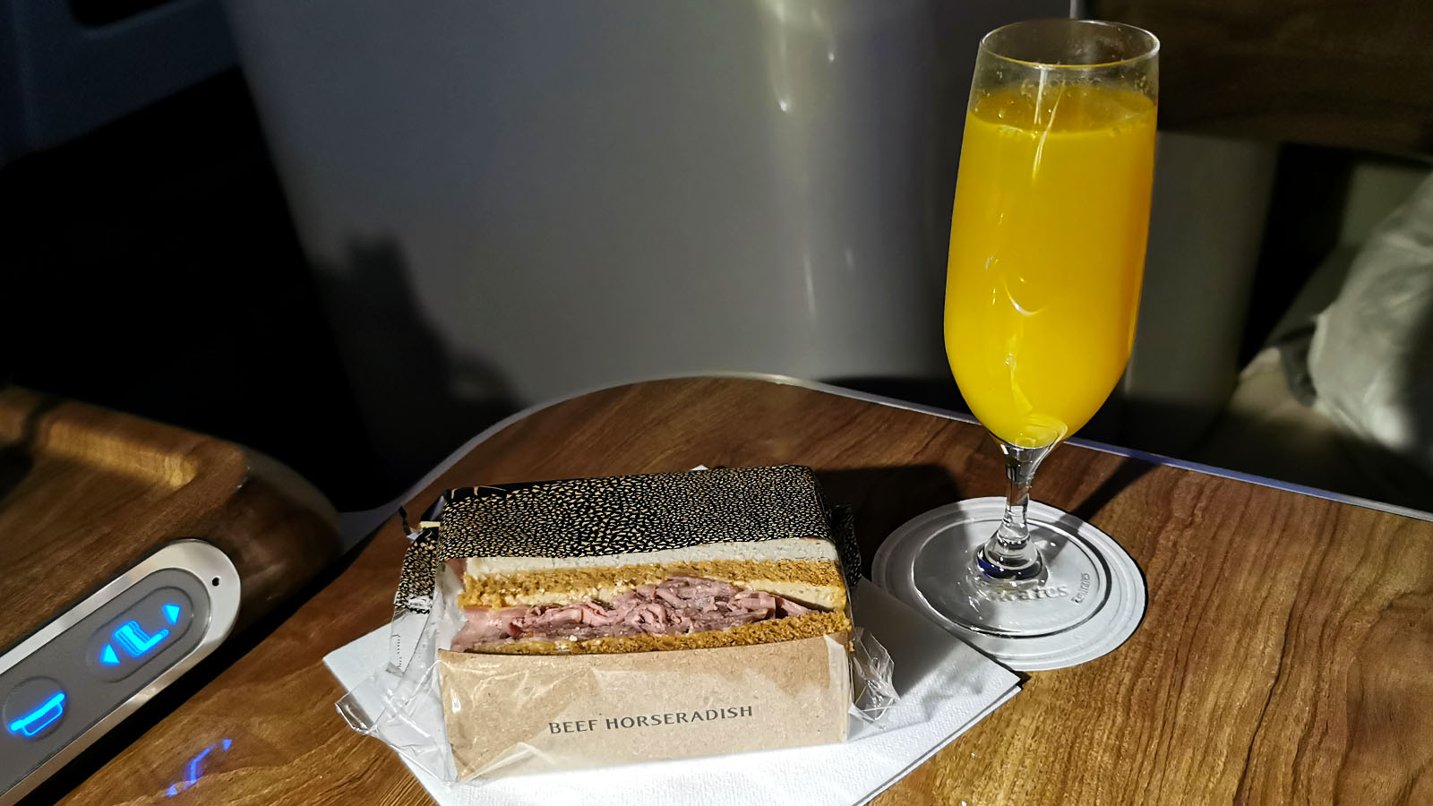 Mimosa and snack in Emirates Airbus A380 Business Class