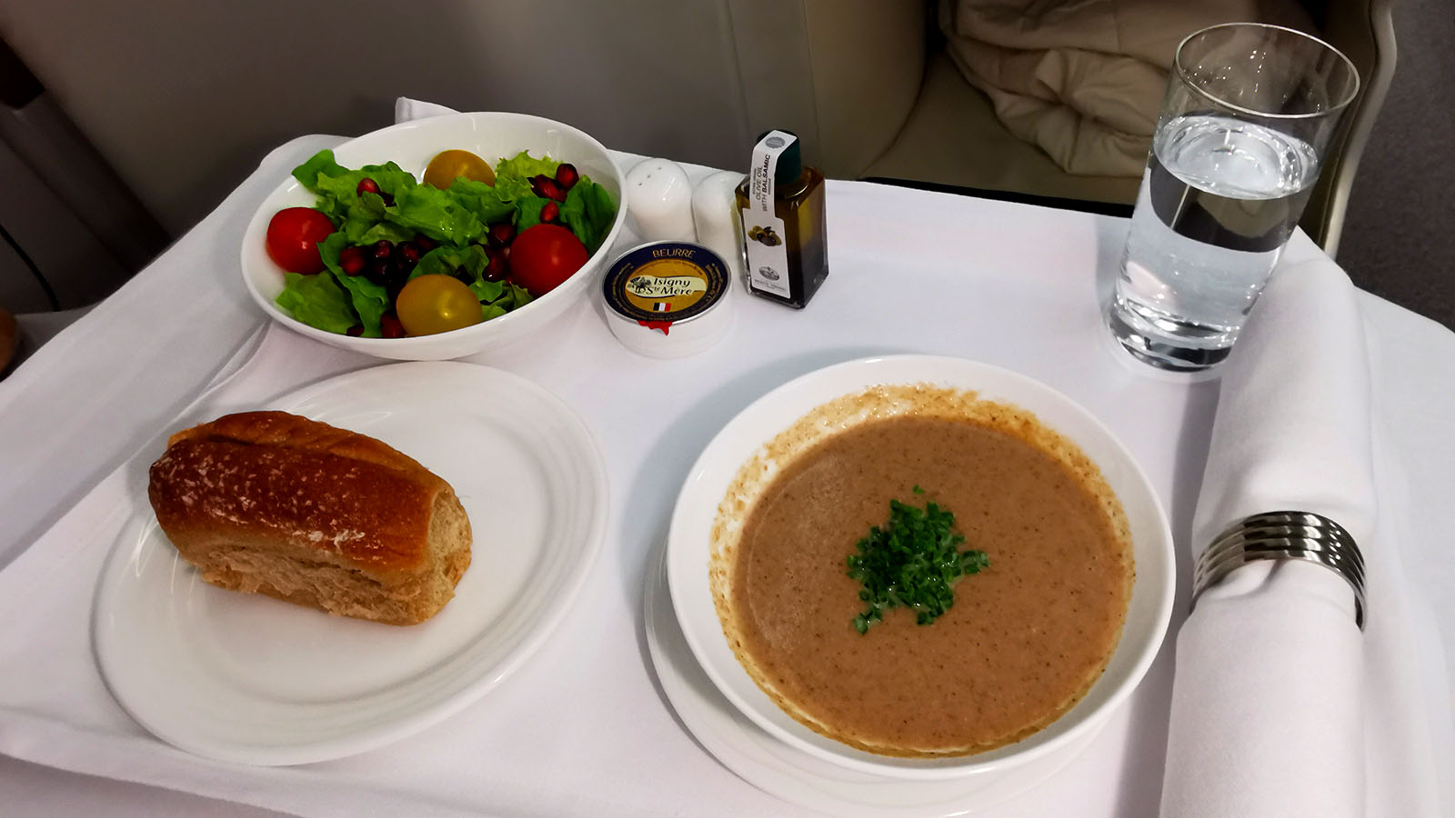 Mushroom soup in Emirates Airbus A380 Business Class
