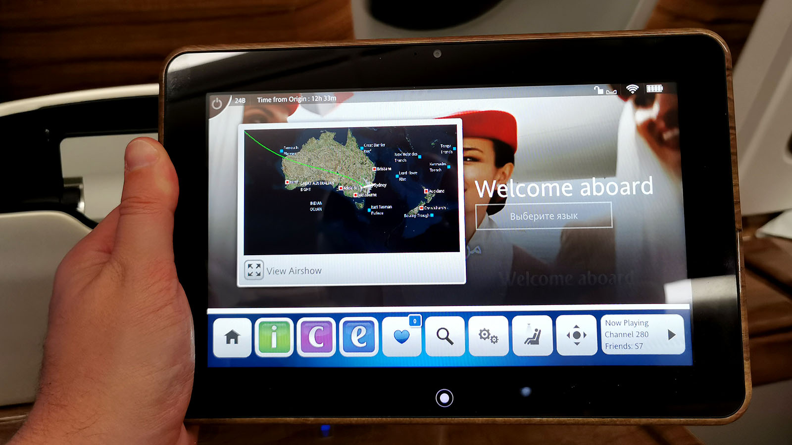 Handheld mode controller in Emirates Airbus A380 Business Class