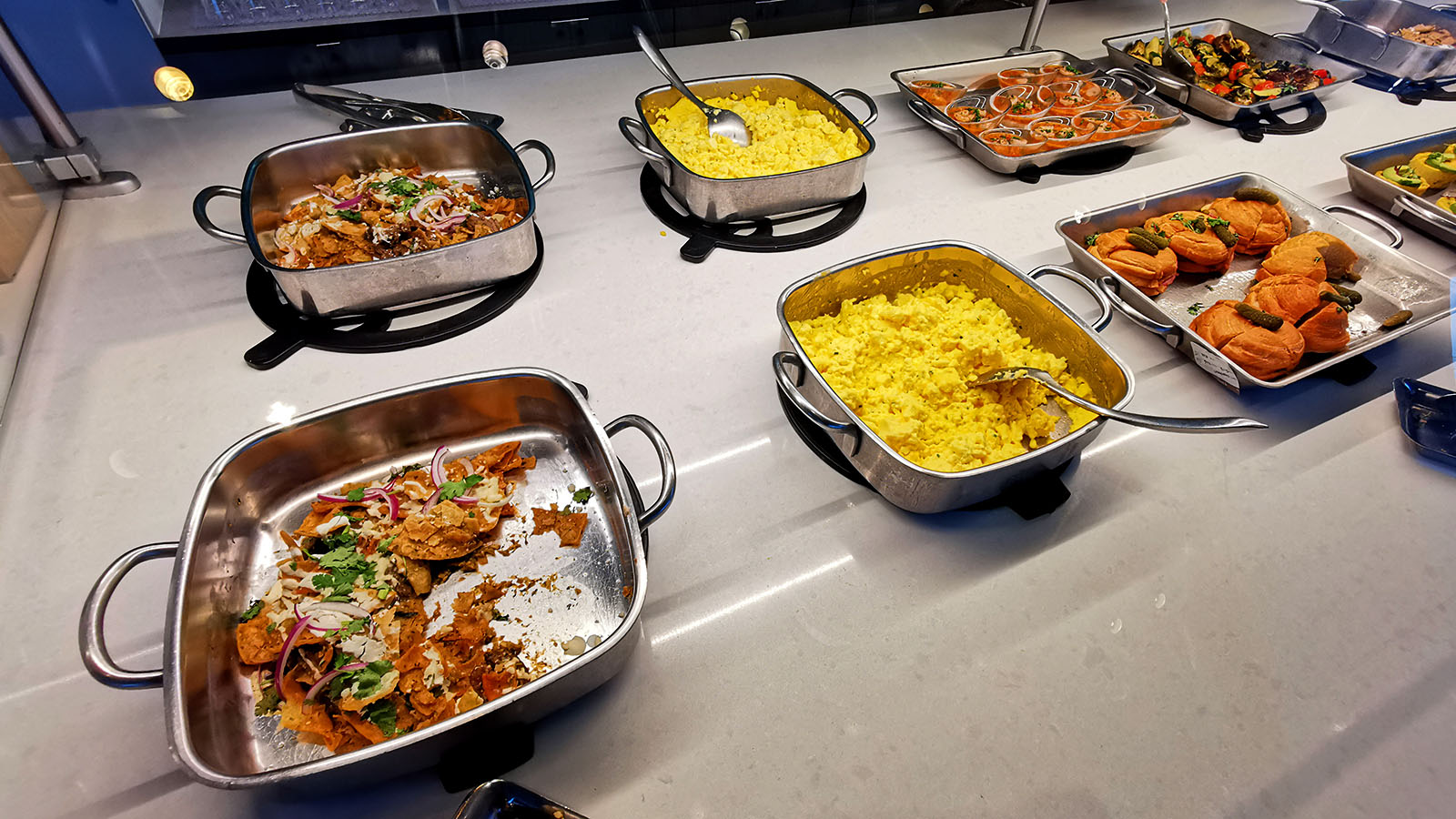 Buffet spread in the American Airlines Flagship Lounge, Los Angeles